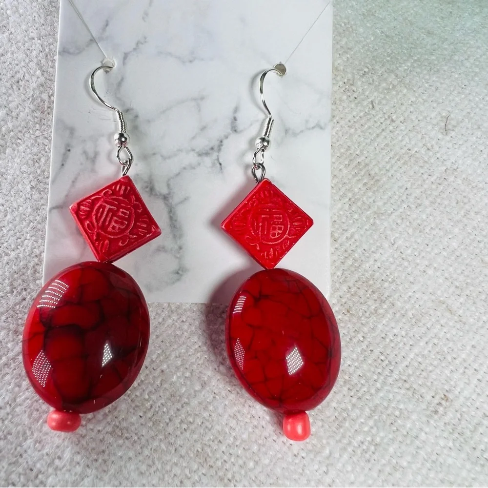 Dangle Drop‎ Beaded Earrings Chinese Symbol With Red Bead 925 Sterling Silver